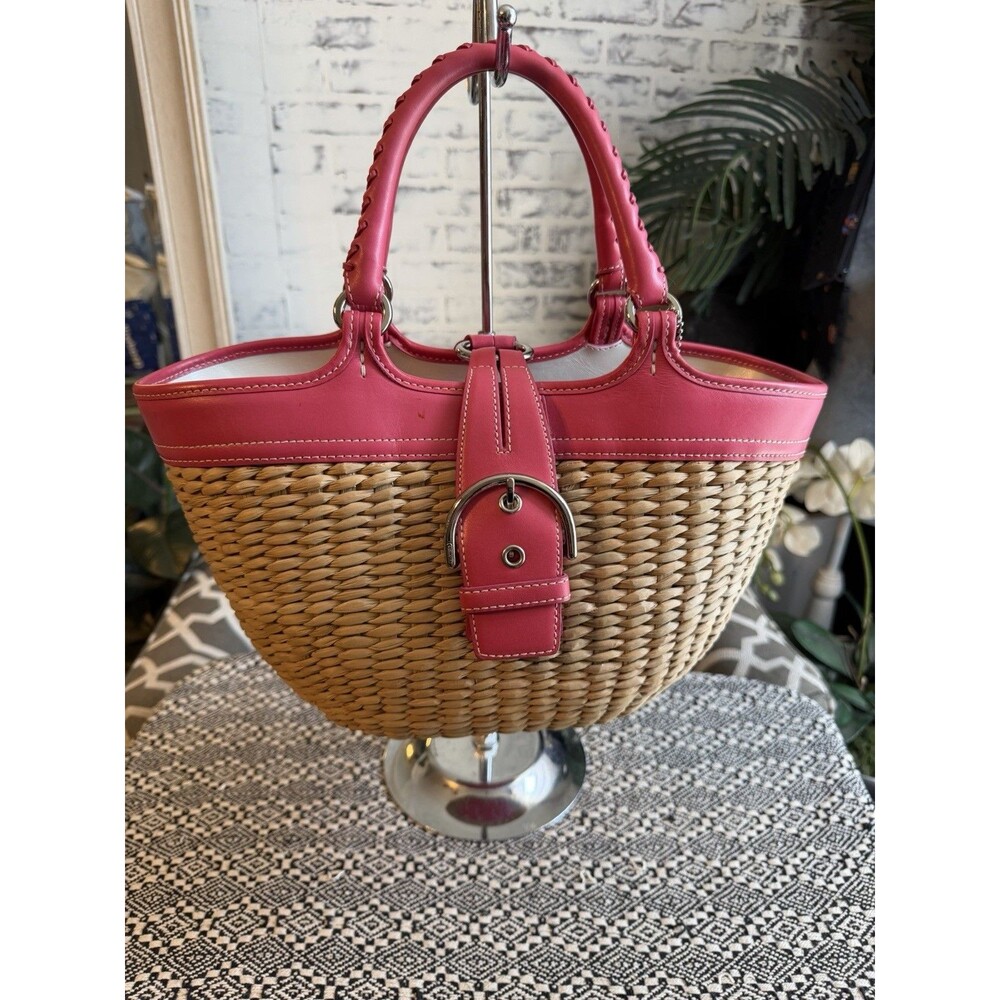 COACH Soho Vintage Woven Straw Basket Tote. Pink Trim. Y2K